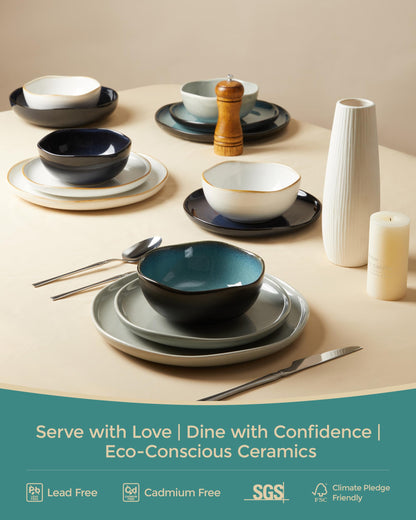 Pokini Extra Large Dinnerware Set for 12, 36 Pieces Ceramic Plates and Bowls Set, Kitchen Dish Set, Microwave & Dishwasher Safe Dishware, Ocean-Inspired Stoneware for Big Gatherings, Green Black
