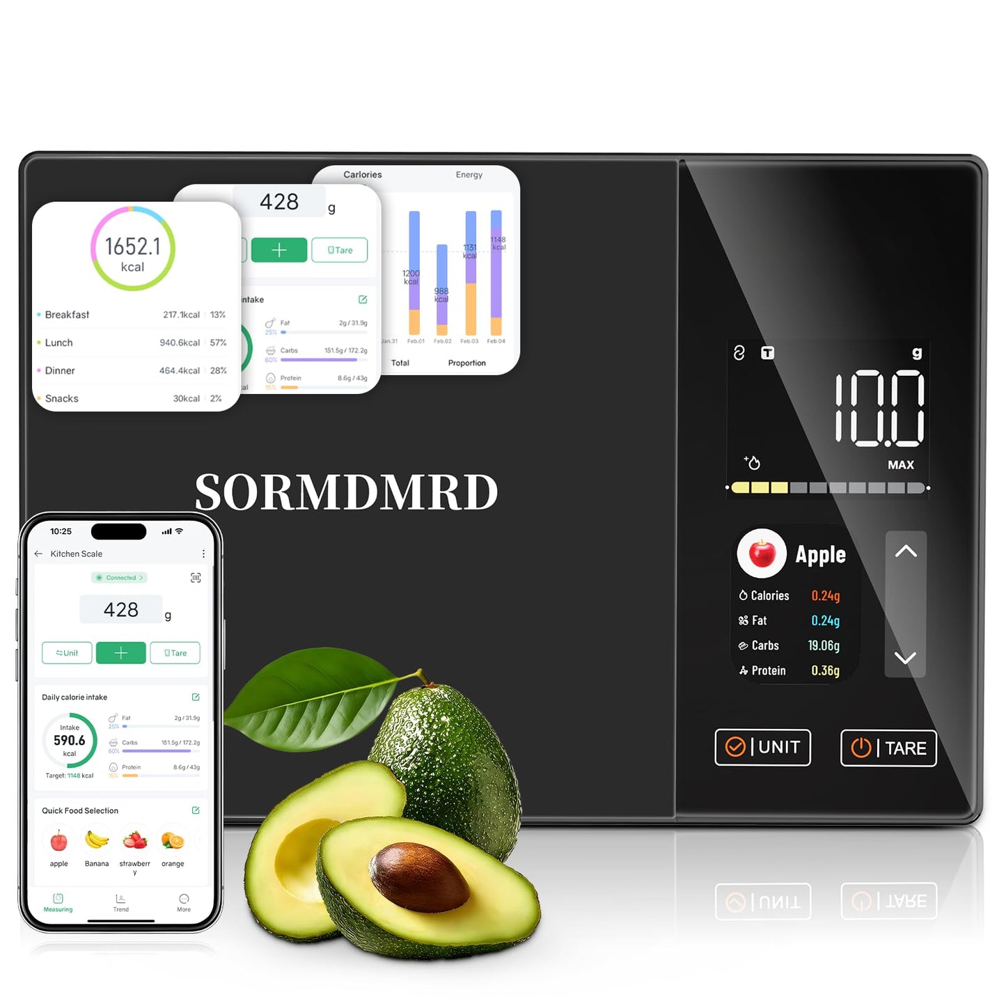 Smart Kitchen Food Scale with Nutritional Calculator, Calorie Fat Carbs Protein Tracker, Free App, Barcode Scan, Food Preload, On-Screen Nutrient Display, Personal Goals, 11 lb / 5 kg