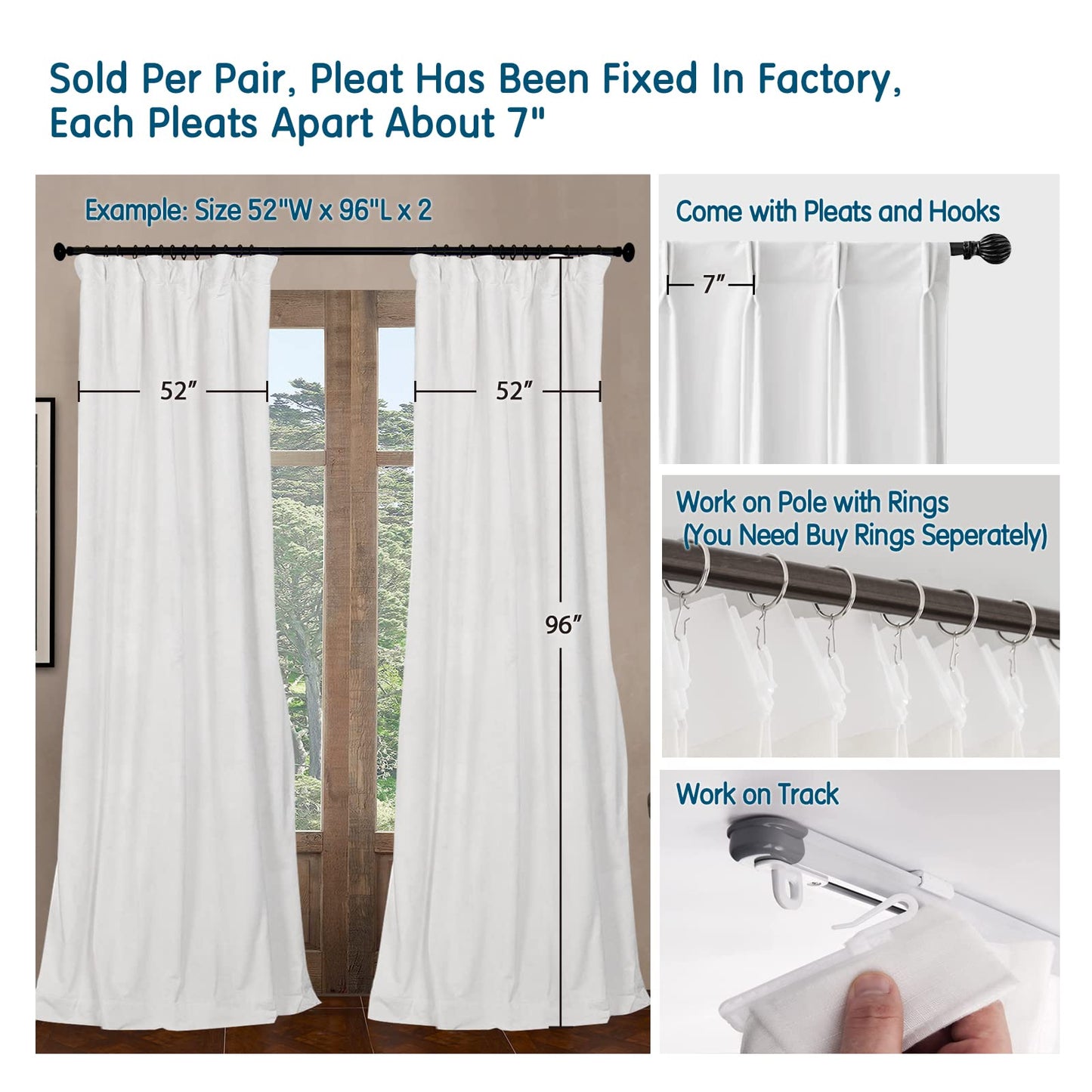 LETAU Pinch Pleated Lined Blackout Curtains 108 inches Long, Luxury Velvet Weighted Thermal Window Curtains Panels Drapes, 52" W x 108" L, Set of 2, Off White
