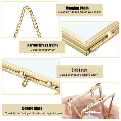 JUXYES 4 Pack Wall Hanging Mini Brass Frames for Pressed Flowers Art, Square Glass Hanging Dried Flowerss Artwork Display Frame, Double Glass Floating Style Gallery Wall Frame for Picture, Pressed Flower, etc