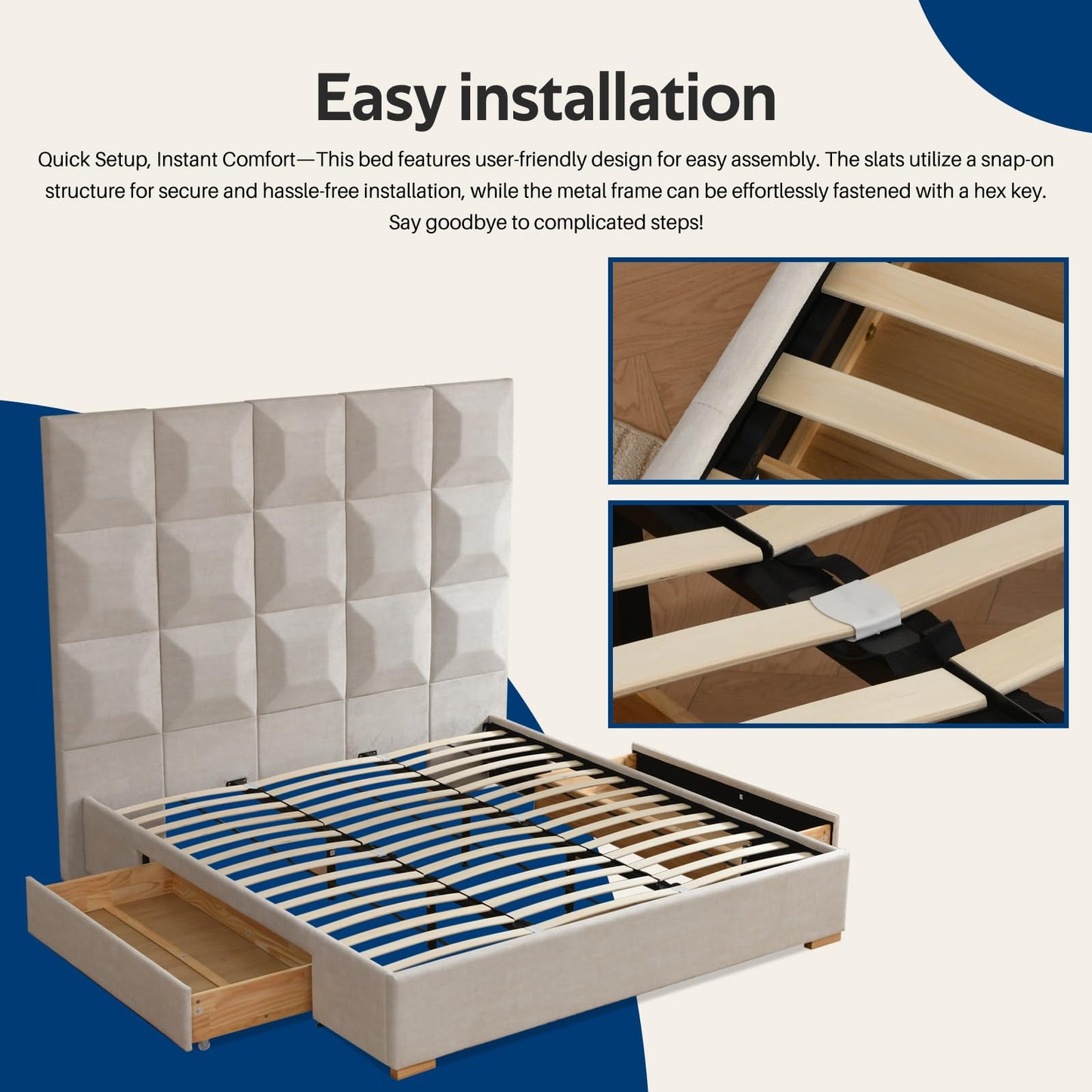 YUHUASHI King Size Bed Frame with 71.5-inch high headboard with Oversized Storage Drawers, Wood Slat Supports, no Springs Required (Beige, King (U.S. Standard))
