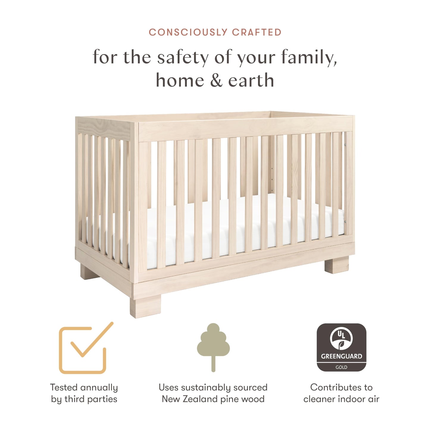 Babyletto Modo 3-in-1 Baby Crib Convertible to Toddler Bed & Daybed - Includes Toddler Conversion Kit - GREENGUARD Gold Certified - 100% Solid Wood Crib for Baby, 4 Adjustable Heights - Washed Natural