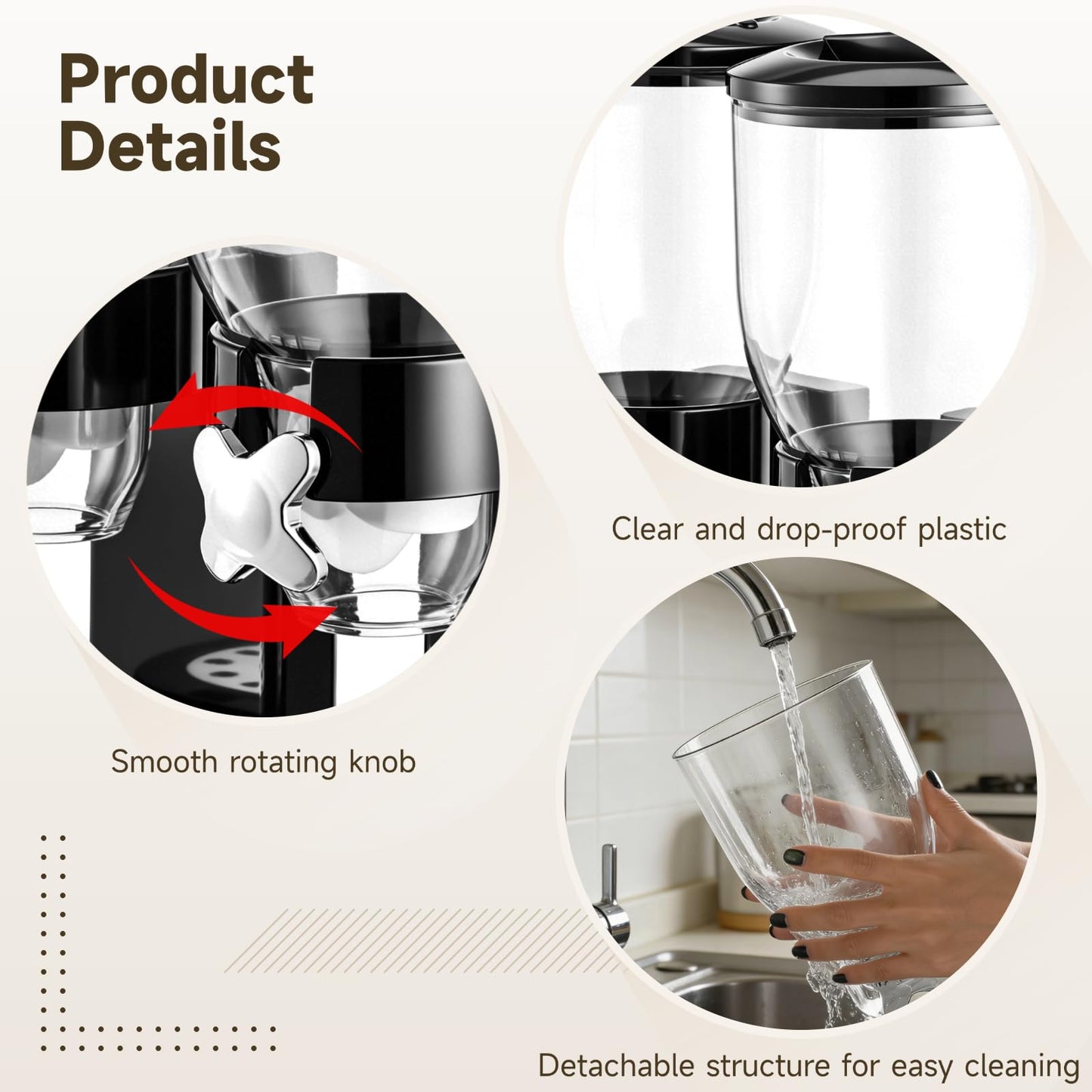 Dual-Control Dry Food Dispenser, 2 Pack 2L/67oz Cereal Dispenser Countertop, Cereal Containers Storage Airtight, Rotating Black Plastic Dry Food Dispenser, Candy Dispenser for Cereal, Coffee Beans