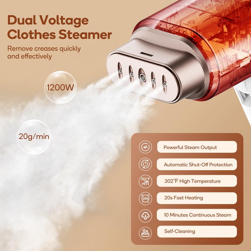 Newbealer Professional Business Travel Steamer, 1200W High-Power Dual Voltage (100-240V), Fast 20s Heat Up for Clothes Horizontal Vertical Steaming, Foldable & Solid 1.72 lbs, 180ml (Gold)