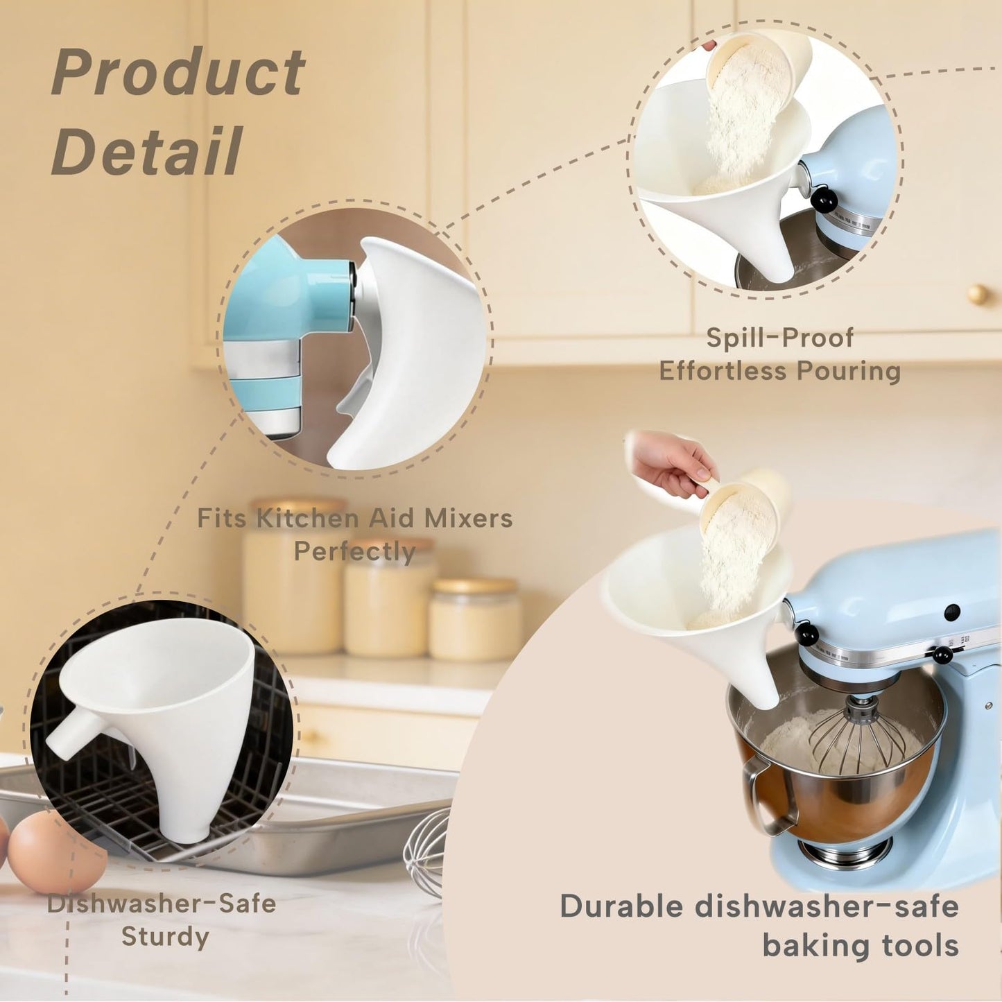 2PCS Flour Funnel for Kitchen Aid Mixer, 2026 New Plastic Funnel with Easy-Pour Attachment Fits Tilt-Head 4.5–5 Qt (KSM150), No Mess Baking Tool for Flour, Sugar, and Egg Liquid