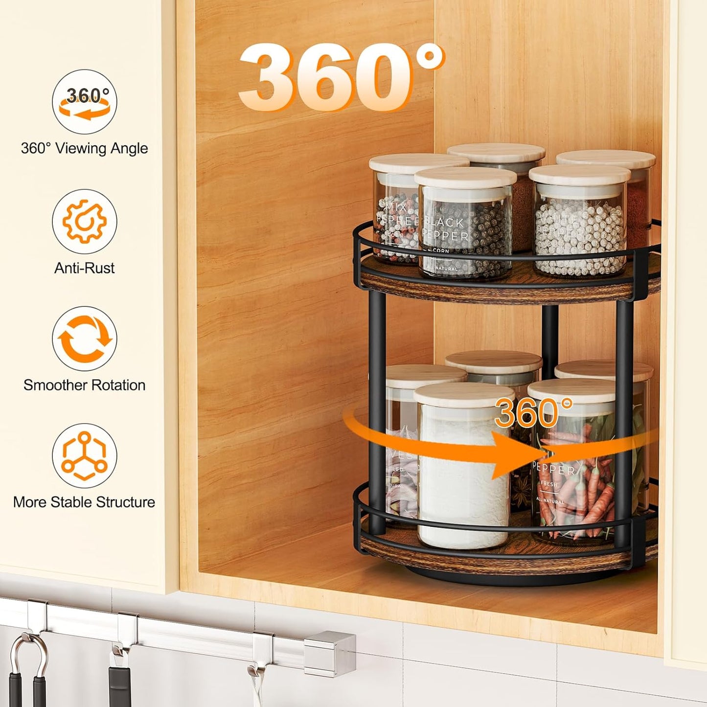2 Countertop 10.2" 10.2" 10.4" Snughome Rotating Spice Rack, Tier Lazy Susan Organizer, Wood Kitchen Organizer, Brown