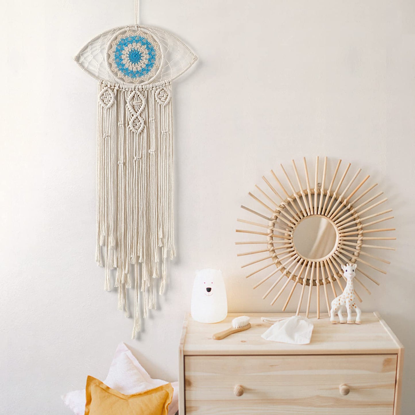 LOMOHOO Large Boho Dream Catchers Evil Eye Macrame Wall Hanging Woven Dream Catcher for Bedroom Home Dorm Room Ornament(Beige)