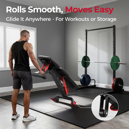 FLYBIRD WB7 Weight Bench, Commercial Grade Adjustable Weight Bench - 1300LBS Workout Bench for Home Gym, Flat Incline Bench Press Heavy Duty Bench with 34'' Extra-Long Backrest and Easy-Roll Wheels