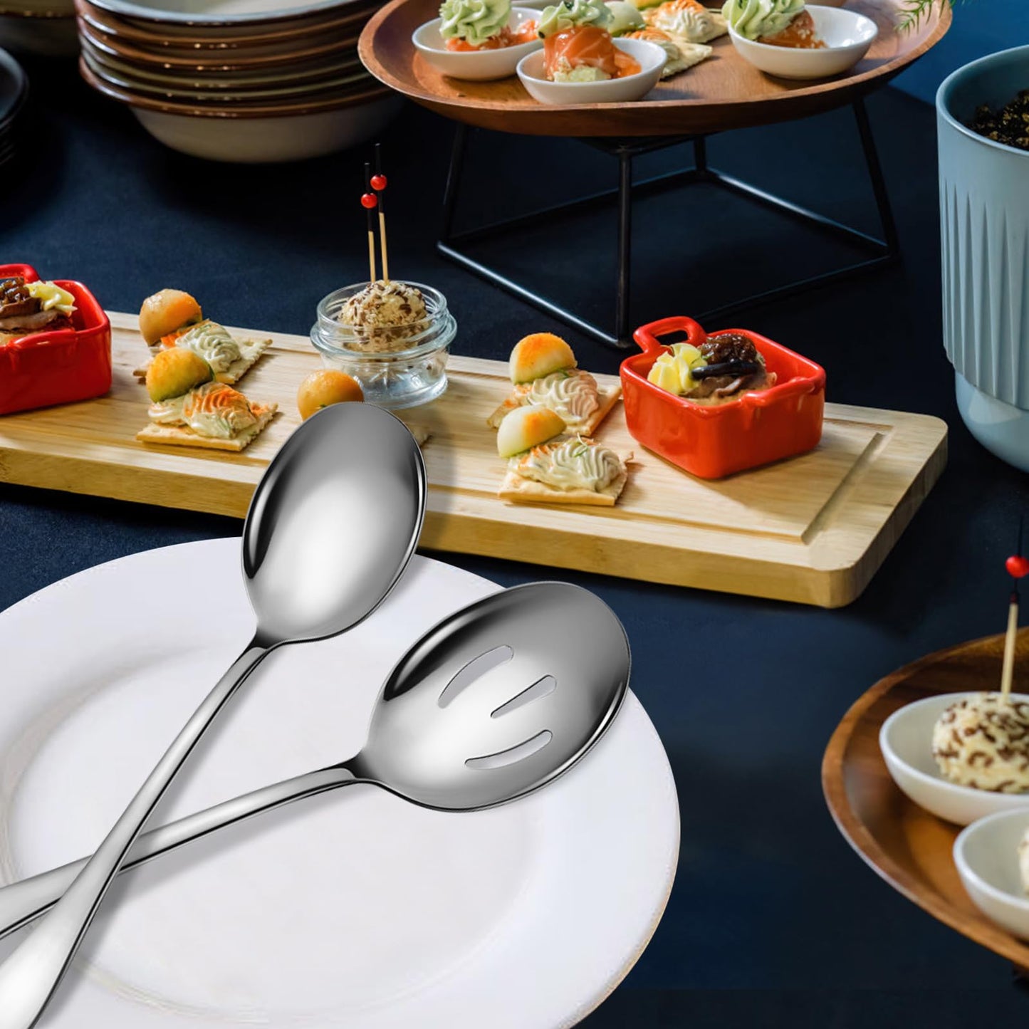 Keyoxy 4 Piece Stainless Steel Serving Spoons Set, 10-Inch, Includes 2 Large, 2 Slotted, for Parties/Kitchen/Buffet/Catering, Dishwasher Safe