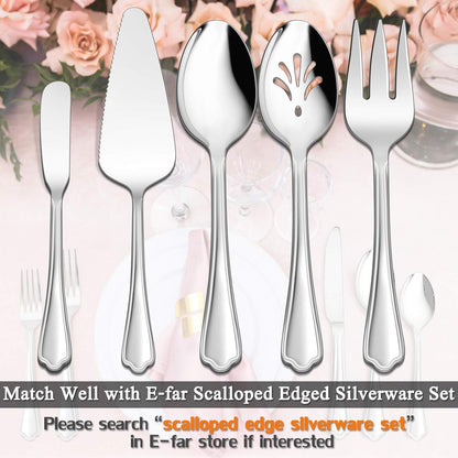 E-far 5-Piece Serving Utensils, Stainless Steel Scalloped Edge Hostess Set for Buffet Party, Dishwasher Safe