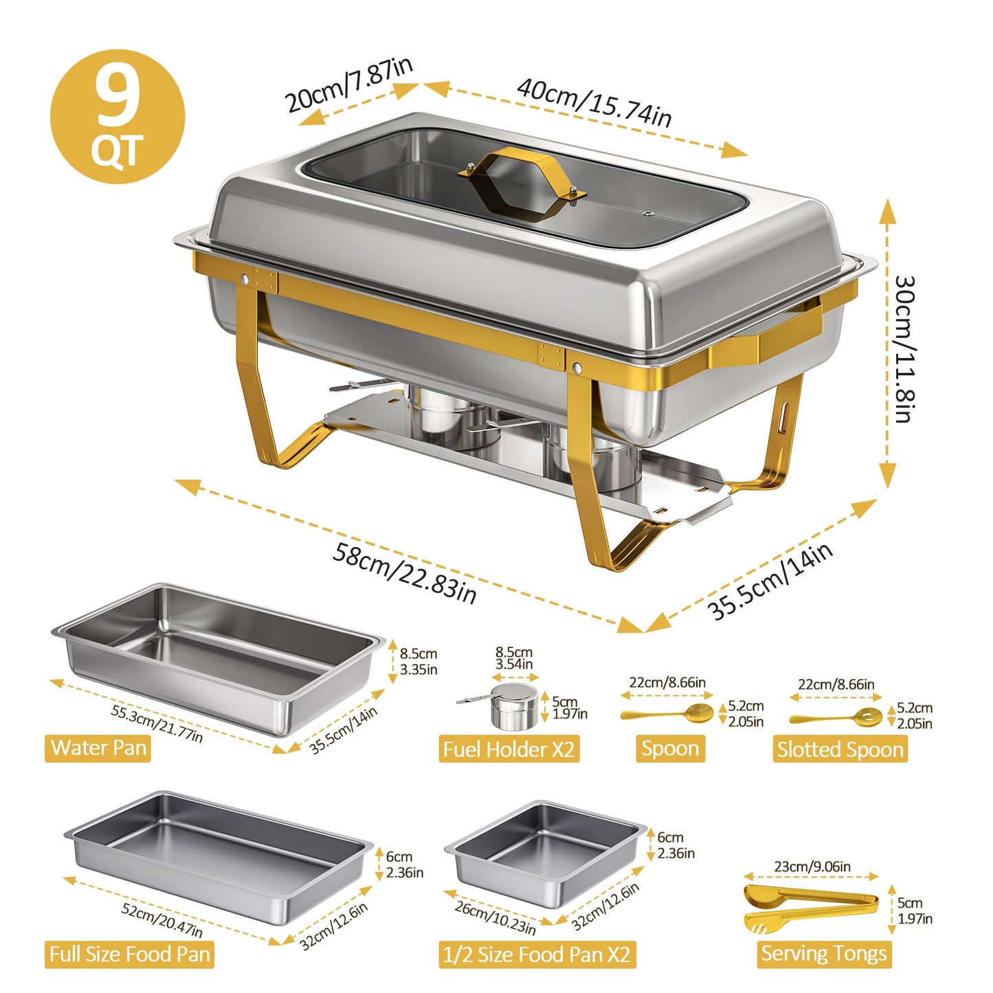 EffiQ-Rate Chafing Dishes for Buffet, 2-Pack Hot Cold Food Warmer with Glass Lid, 9QT Large Capacity Stainless Steel Buffet Servers, Complete Set with Utensils for Catering Party Wedding Outdoor