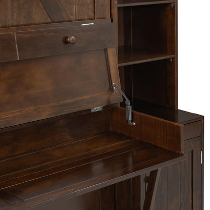 Merax Queen Size Murphy Bed with Desk and LED Lights, Power Outlet, Foldable Murphy Cabinet Bed with Open Storage Shelves & Drawers, Wood Space-Saving Hidden Wall Bed for Guest Room, Dark-Brown