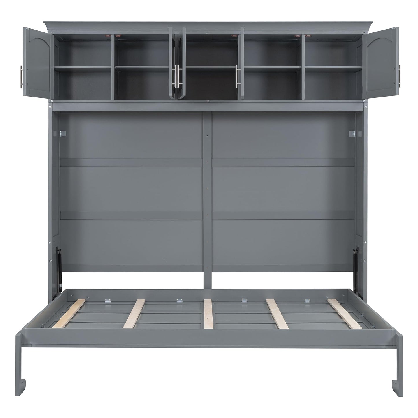 Merax Modern Murphy Cabinet Bed with Top Cabinets, Solid Wood Wall Platform Bed/No Box Spring Needed/Easy Assemble Full,Gray