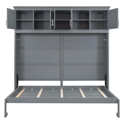 Merax Modern Murphy Cabinet Bed with Top Cabinets, Solid Wood Wall Platform Bed/No Box Spring Needed/Easy Assemble Full,Gray