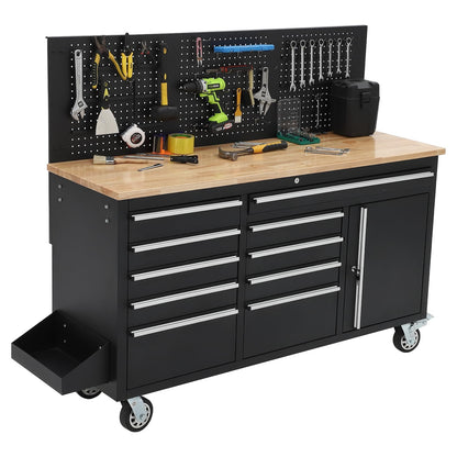 Garvee Rolling Tool Chest, 61 in Garage 10 Drawers Workbench Storage Tool Cabinet with Solid Rubber Wood Top, Power Strip, 1675 LBS Load Mobile Workstation, Heavy Duty Rolling Cabinet, Black