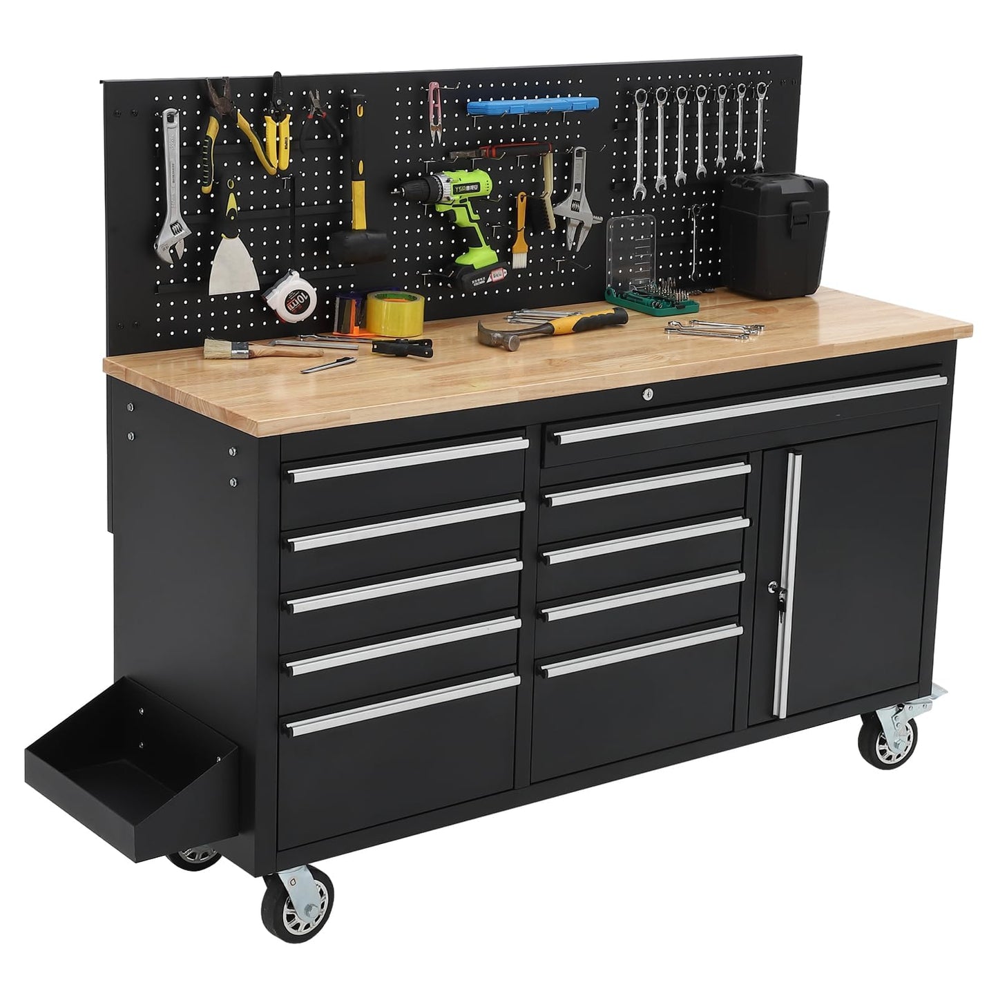61 Inch Rolling Tool Chest, 10 Drawers Garage Workbench Storage Tool Cabinet with Rubber Wood Top, 1675 LBS, Power Strip, Locking System, Drawer Liners for Garage, Warehouse and Repair Shop, Black