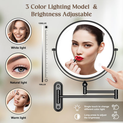 9" Wall Mounted Makeup Lighted Mirror, 4000mAh Rechargeable Double Sided LED Vanity Mirror with Height Adjustable&1X/10X Magnification, 3 Color Lights Touch Screen Dimmable 360°Swivel Bathroom Mirror