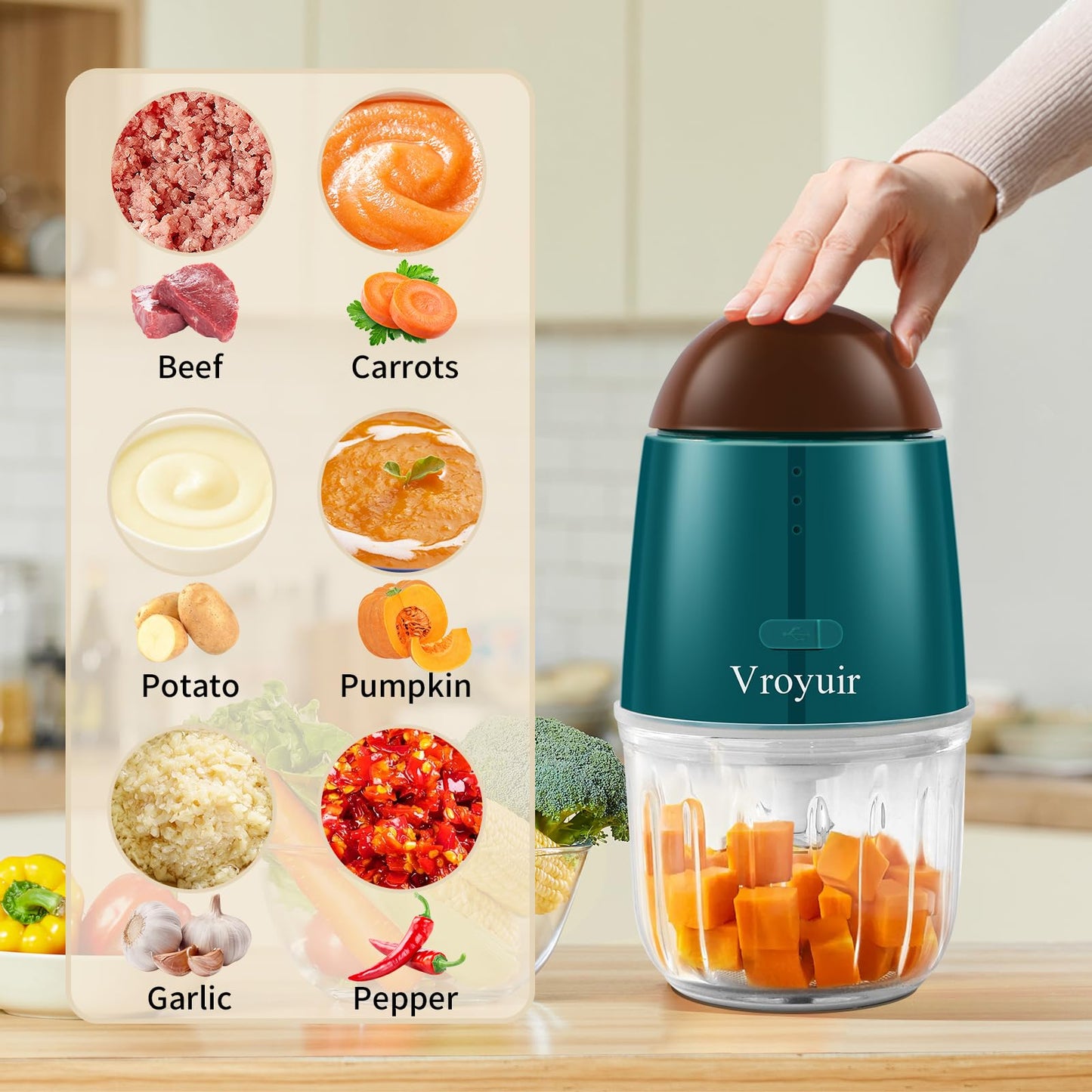 Mini Food Processor, Cordless Small Food Chopper & Blender for Meat,Vegetables,Fruit – 200W Portable,6 Sharp Blades–1.3 Cup (10 oz) Glass Container, Dishwasher Safe – Compact Kitchen Gadget (Green)