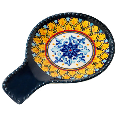 JINGUS Spoon Rest for Stove Top, Large Ceramic Spoon Holder for Stove and Kitchen Counter, Heat-Resistant Cooking Utensil Rest for Tongs and Ladles, Blue Bohemian Spatula Holder Dishwasher Safe