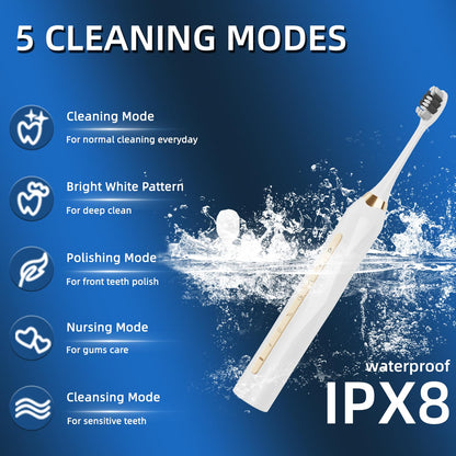 Adult Sonic Electric Toothbrush, USB Rechargeable Sonic Toothbrush, with 12 Brush Heads, 5 Modes, Equipped with Cleaning Brush, Brushing and Washing Two in one