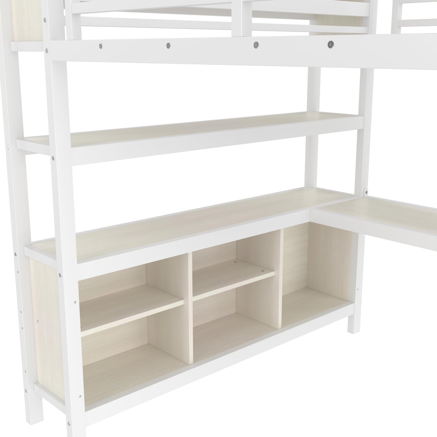 Bellemave Queen Loft Bed with Desk & Wardrobe, Heavy Duty Metal Loft Beds with Storage Shelves, Space Saving Loft Bed Queen Size with Safety Guard, White Wood Grain