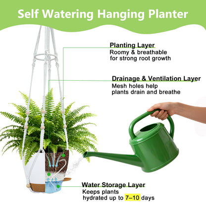 Hanging Planters for Indoor Plants: 2 Pack Macrame Plant Hangers with Grow Lights and Self-Watering Pots, Large Hanging Pots with Drainage Holes & Removable Tray（8in White Pot, Daylight Spectrum）