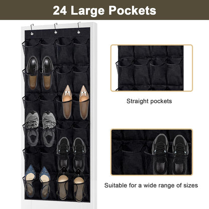 Over the Door Shoe Organizer - Black Mesh Organizer with 24 Pockets and Hooks for Space Saving Shoe Storage
