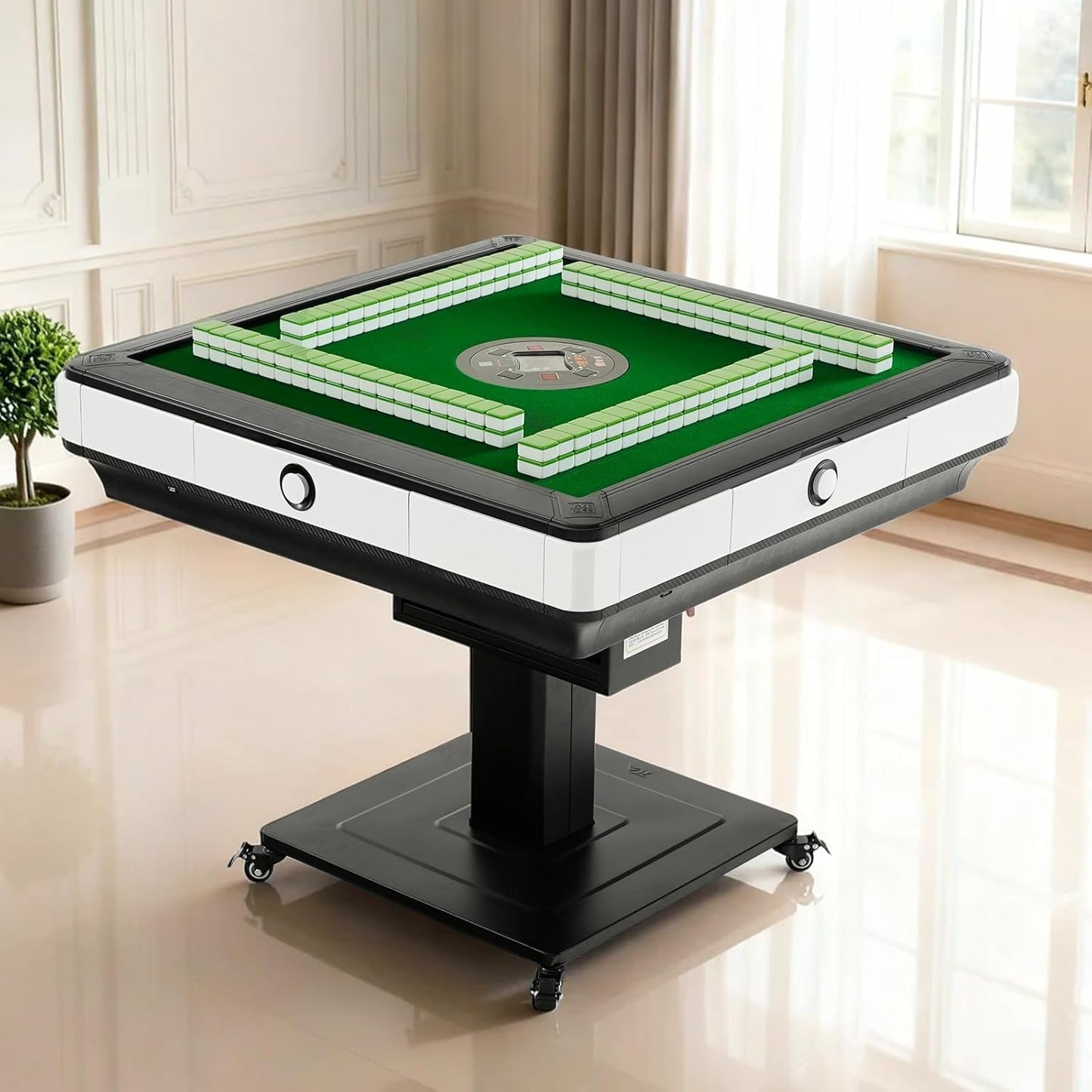 EDILLY Automatic Mahjong Shuffle Table, Folding Mahjong Table, 4 Legs, 4 Wheels, 4 Drawers, Chinese American Style, with 2 Sets of Tiles