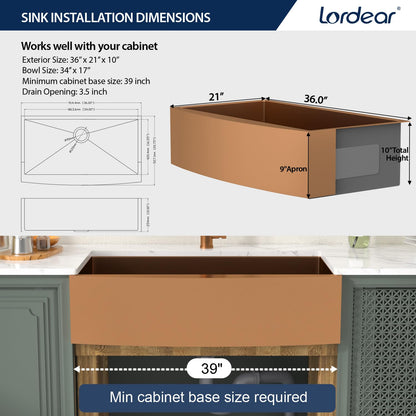 Lordear 36 inch Farmhouse Kitchen Sink Undermount Sink Matte Bronze 16 Gauge Stainless Steel Deep Single Bowl Burshed Rose Gold Farm Sink With Accessories