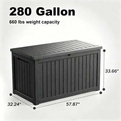 KFY 280 Gallon Waterproof Outdoor Storage Box, UV Resistant Resin Deck Box with Hydraulic Rod for Reinforced Stability, Perfect for Patio, Garden, and Pool（Black，280 Gallon）