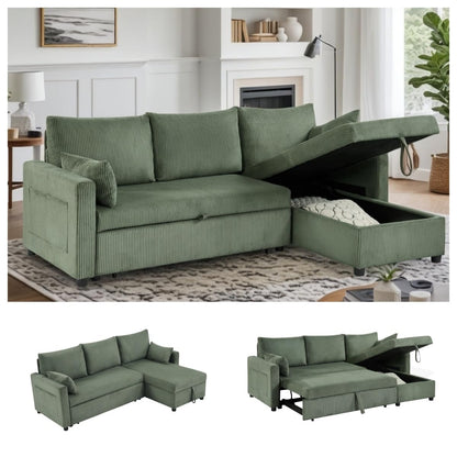 Trygoal Sectional Sleeper Sofa with Pull Out Bed, LShape Convertible Sofa Bed Couch with Storage Chaise, 3 in 1 Pull Out Sofa Bed with 3 Seats, for Living Room,Apartment, Green, 85Inch