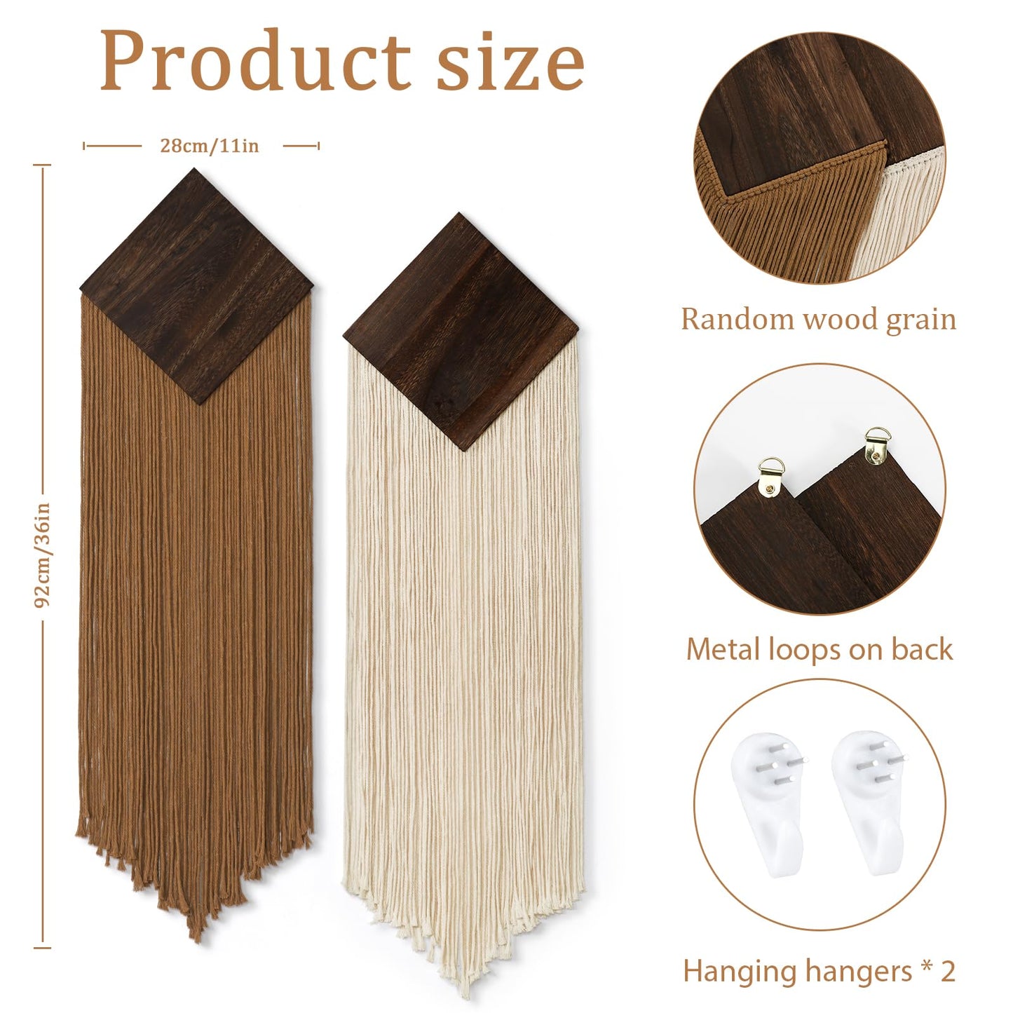 KHOYIME Macrame Wall Hanging Boho Chic Home Decor, 2PCS Bohemian Brown Beige Vertical Tassel Yarn Tapestry Modern Farmhouse Wall Art Decorations for Living Room Bedroom Nursery Office 11''W x 36''L
