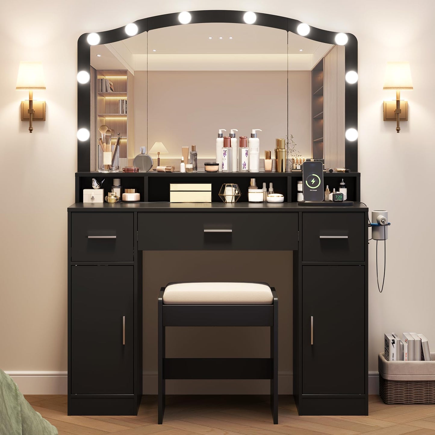 GarveeHome Makeup Vanity Desk with Mirror and Lights, Makeup Vanity Set with 3 Drawers, 2 Cabinets & Stool, Make Up Table with Power Outlet, for Bedroom, Dressing Room (Black)
