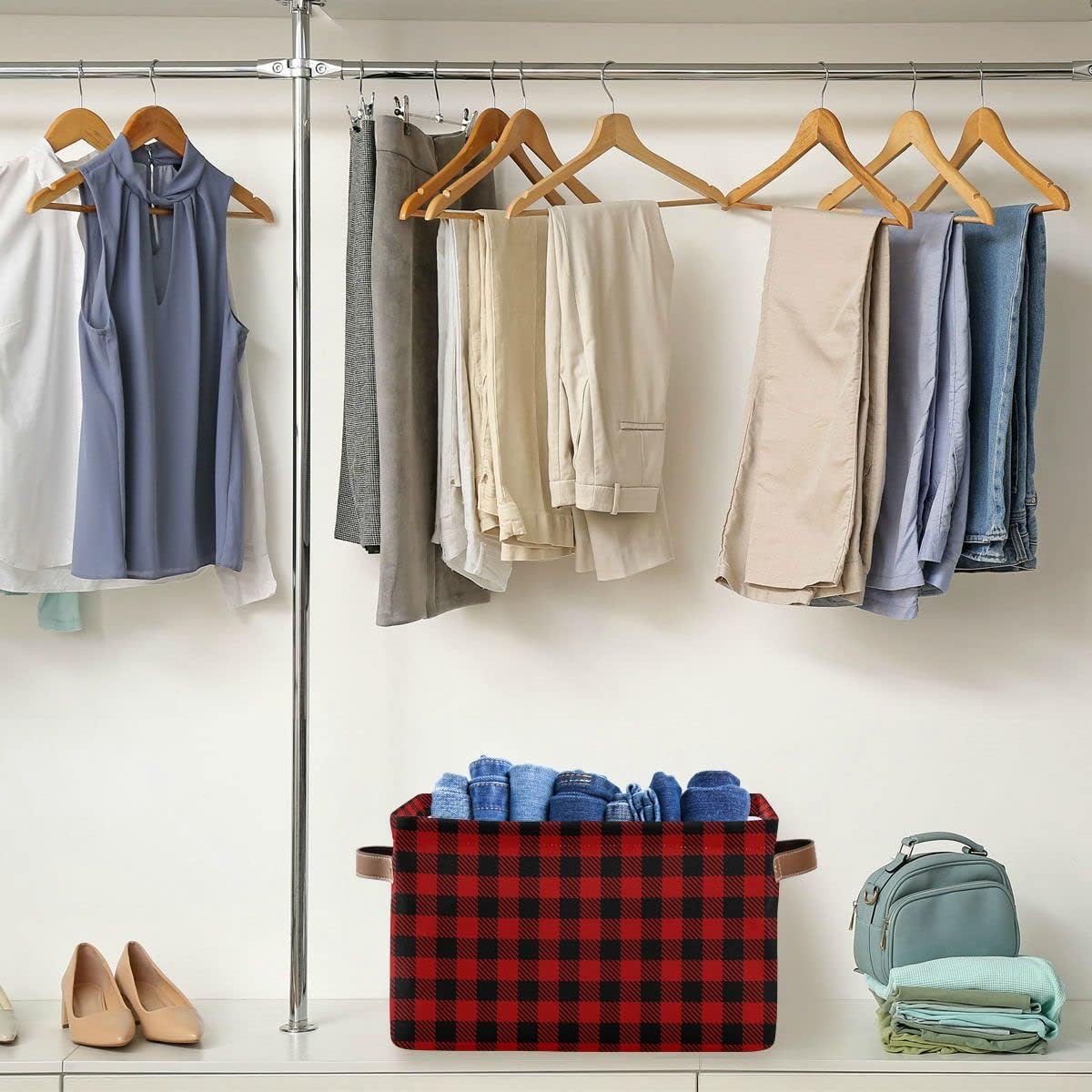 Christmas Red Buffalo Plaid Storage Basket, Fabric Laundry Baskets for Winter Holiday Decorations, 16×12×8 Inches