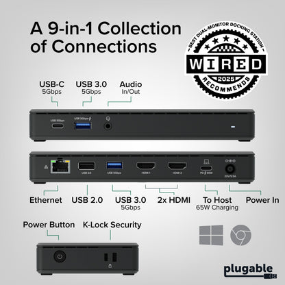 Plugable USB-C Docking Station Dual 4K 60Hz HDMI, 65W Charging, Gigabit Ethernet, 1x USB-C 5Gbps, 3X USB-A, Audio, Windows/ChromeOS, USB-C/USB4/Thunderbolt, Driverless (UD-MSTH2)