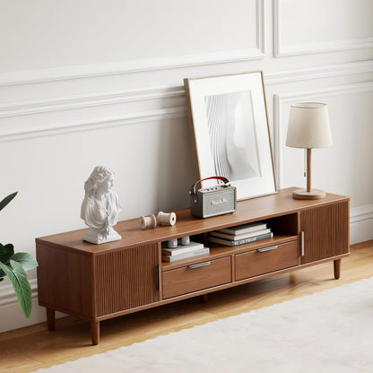 CycleCrew Mid Century Modern TV Stand for TVs Up to 70 in- Wooden Fluted Entertainment Center Low Profile TV Console with 2 Cabinet, Drawers and Shelf, Media Console for Living Room