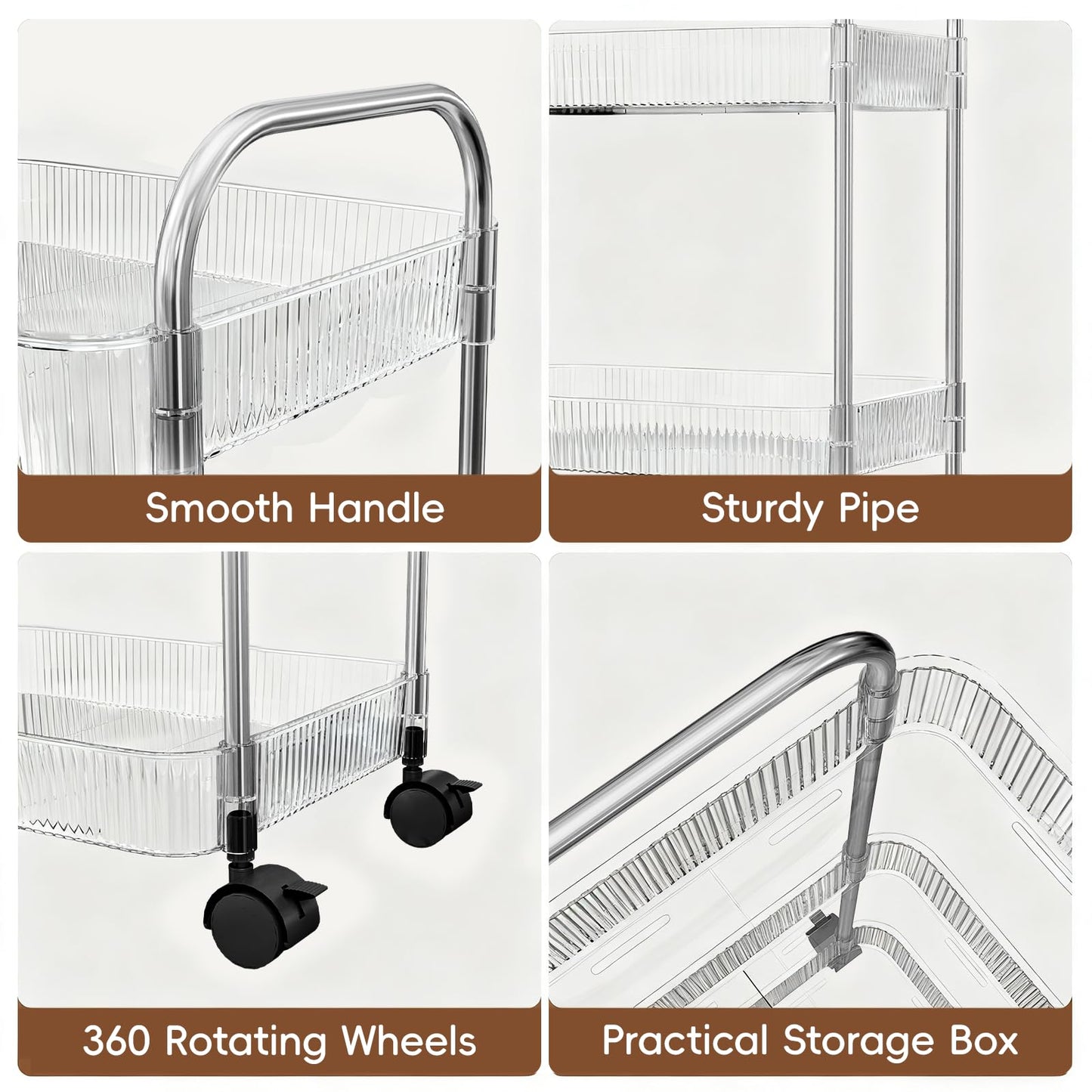 STARLATTA 3 Tier Rolling Cart with Lockable Wheels, Clear Acrylic Utility Trolley with Handle, Heavy-Duty Storage Organizer for Kitchen Bathroom Nursery Laundry - Snack Book Craft Organizer (Clear)