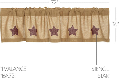 Burlap Natural with Burgundy Stars Primitive 16"x72" Valance, Stenciled Cotton Kitchen Window Curtains