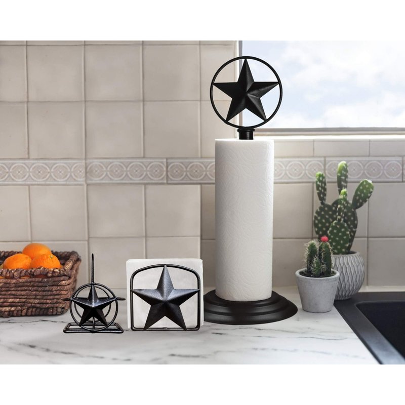 Black Rustic Texas Star Paper Towel Holder, Napkin Holder, Salt and Pepper Shakers Holder, Country Farmhouse Iron Kitchen Counter Accessory Set Holders (Paper Towel, Napkin, S&P Holder (3 Piece Set))