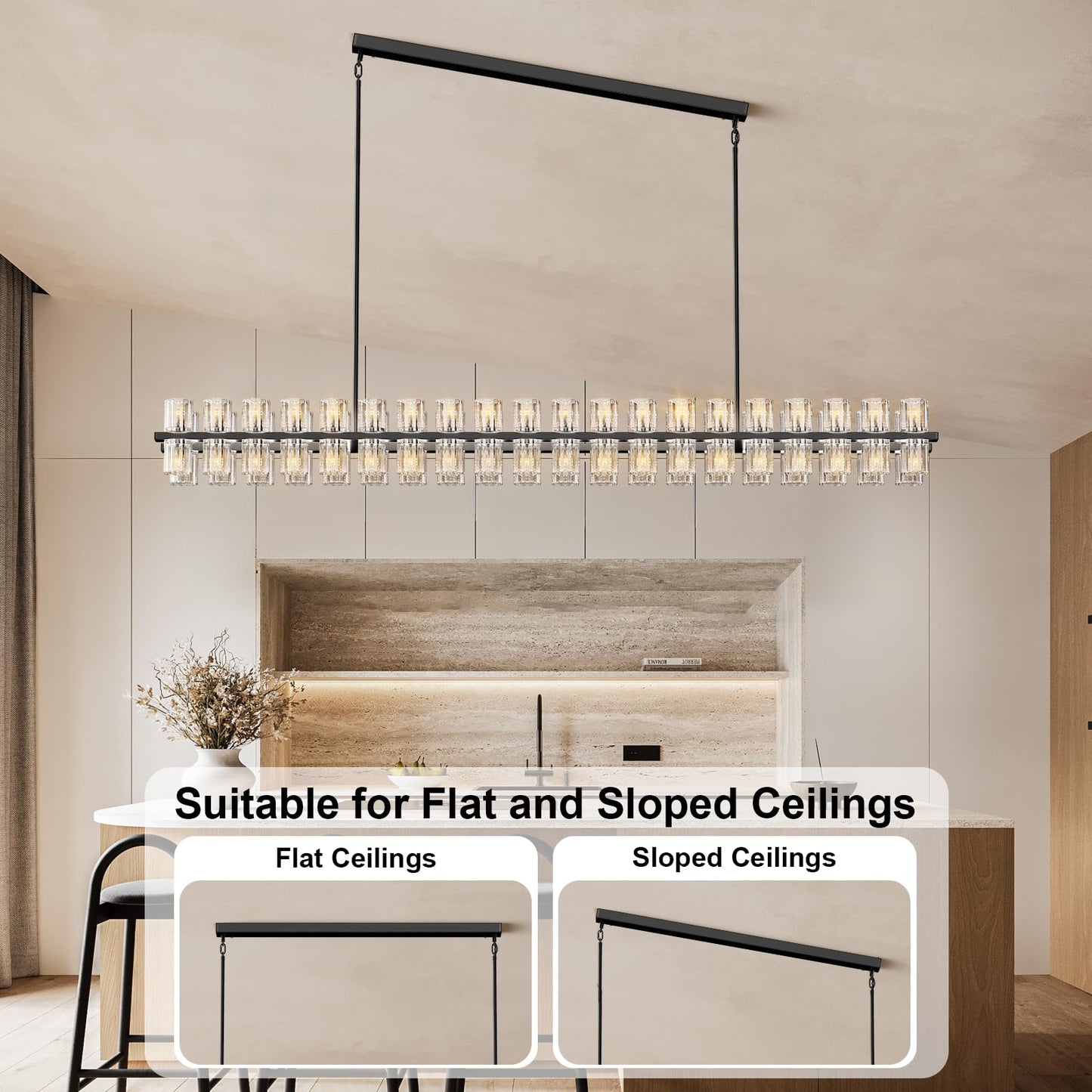 Plsintly Crystal Black Rectangular Chandelier Light Fixture,72 in Large Dining Room Chandelier Over Table,Modern Chandeliers for Living Room,Arcachon Chandeliers,Kitchen Island,Includes 80xG4 Bulbs