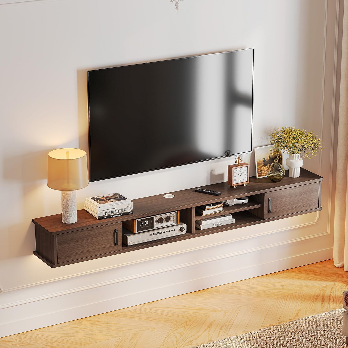 FurniNova Floating TV Stand,66'' Wall Mounted TV Console,Floating TV Shelf,Wall TV Cabinet,Floating Entertainment Shelf,Walnut