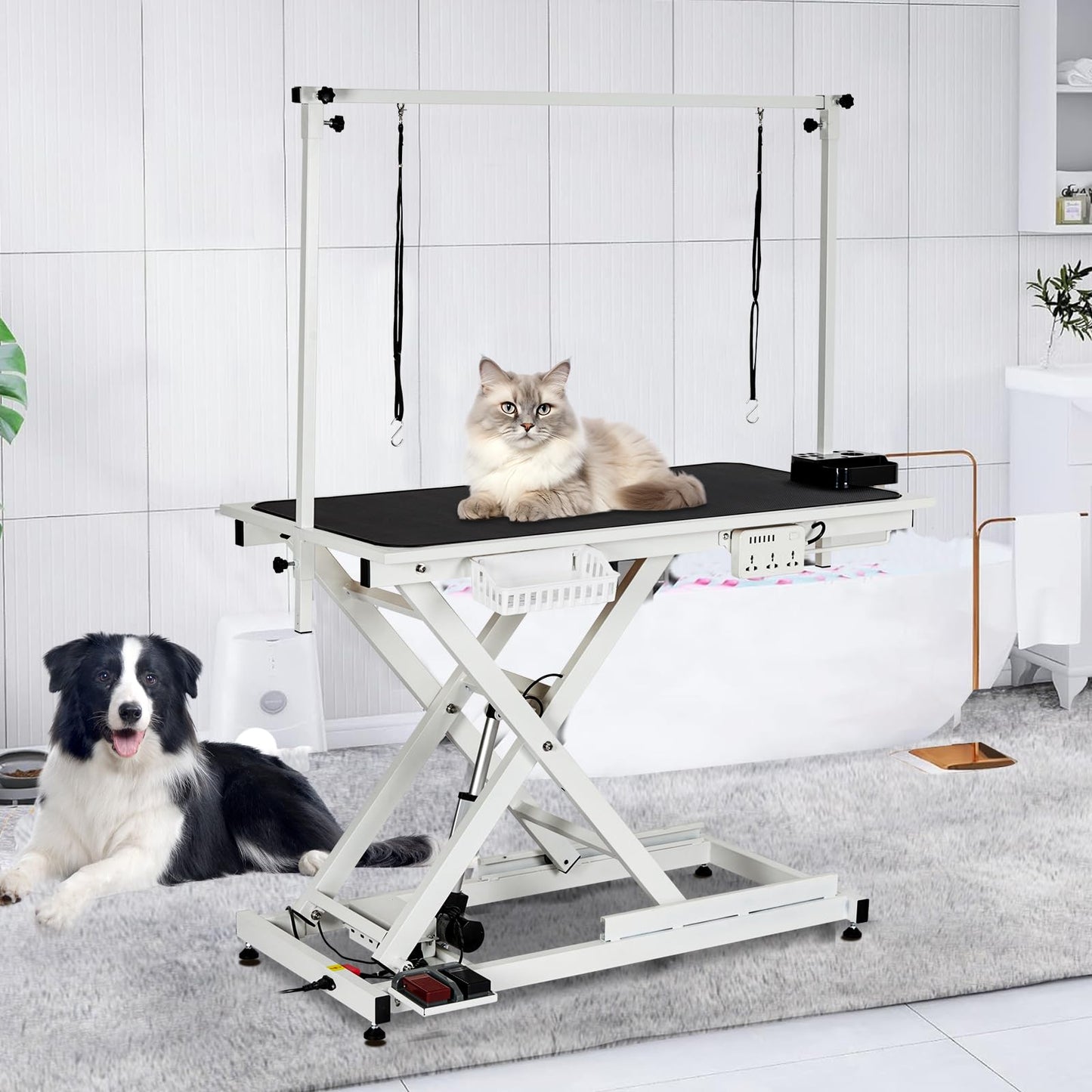 GarveeTech 50" Dog Grooming Table, Electric Hydraulic Grooming Table for Large Dogs or Small Dogs, Aluminium Overhead Arm, Anti Slip Tabletop, 6 USB Ports, Home & Salon Use, Max Capacity 330Lb, White