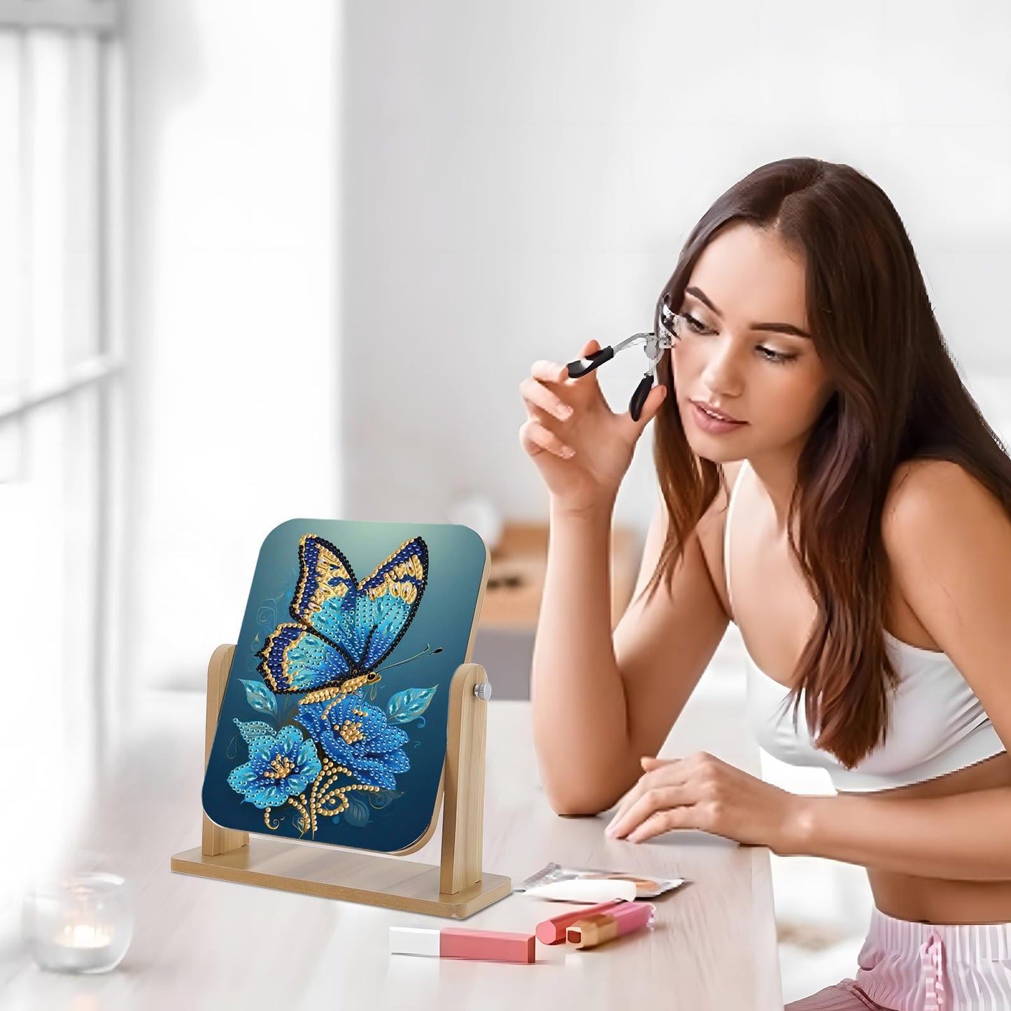 Diamond art Painting Flip Mirror，DIY Butterfly and flowers Rotatable Mirror , 5D Special Shape Diamond Wooden Material Desktop Decor Vanity Mirror Kit, Unique decoration of the desktop in the room