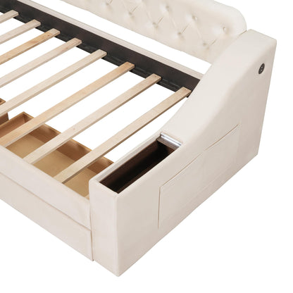 GDFStudio Twin Size Upholstered Daybed with USB Ports and Storage Drawers, Velvet Daybed Frame with Button Tufted Armrests and Wood Slat Support, Beige