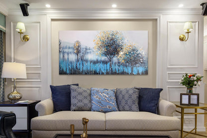 Arjun Tree Wall Art Canvas for Living Room Blue Tree of Life Nature Teal Abstract Textured Painting Picture Modern Panoramic Landscape Artwork Framed Bedroom Home Office Decor, Large Size 40"x20"