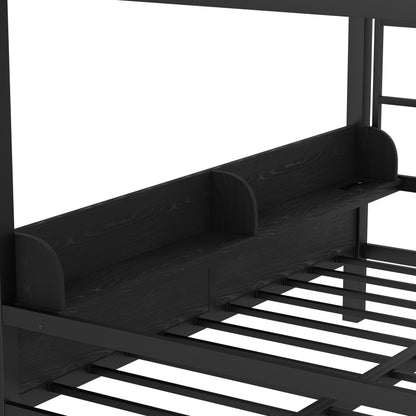 Queen over Queen Bunk Bed with Storage Drawers and Shelves, Metal Bunk Beds with Lights and USB Ports, Convertible Lower Bunkbed Queen for Guests, Bedroom, Dorms, Multi-function and Noise-free, Black