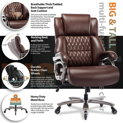 Big and Tall 400lbs Office Chair - Adjustable Lumbar Support Quiet Rubber Wheels Heavy Duty Metal Base, High Back Large Executive Computer Desk, Thick Padded Ergonomic Design for Back Pain
