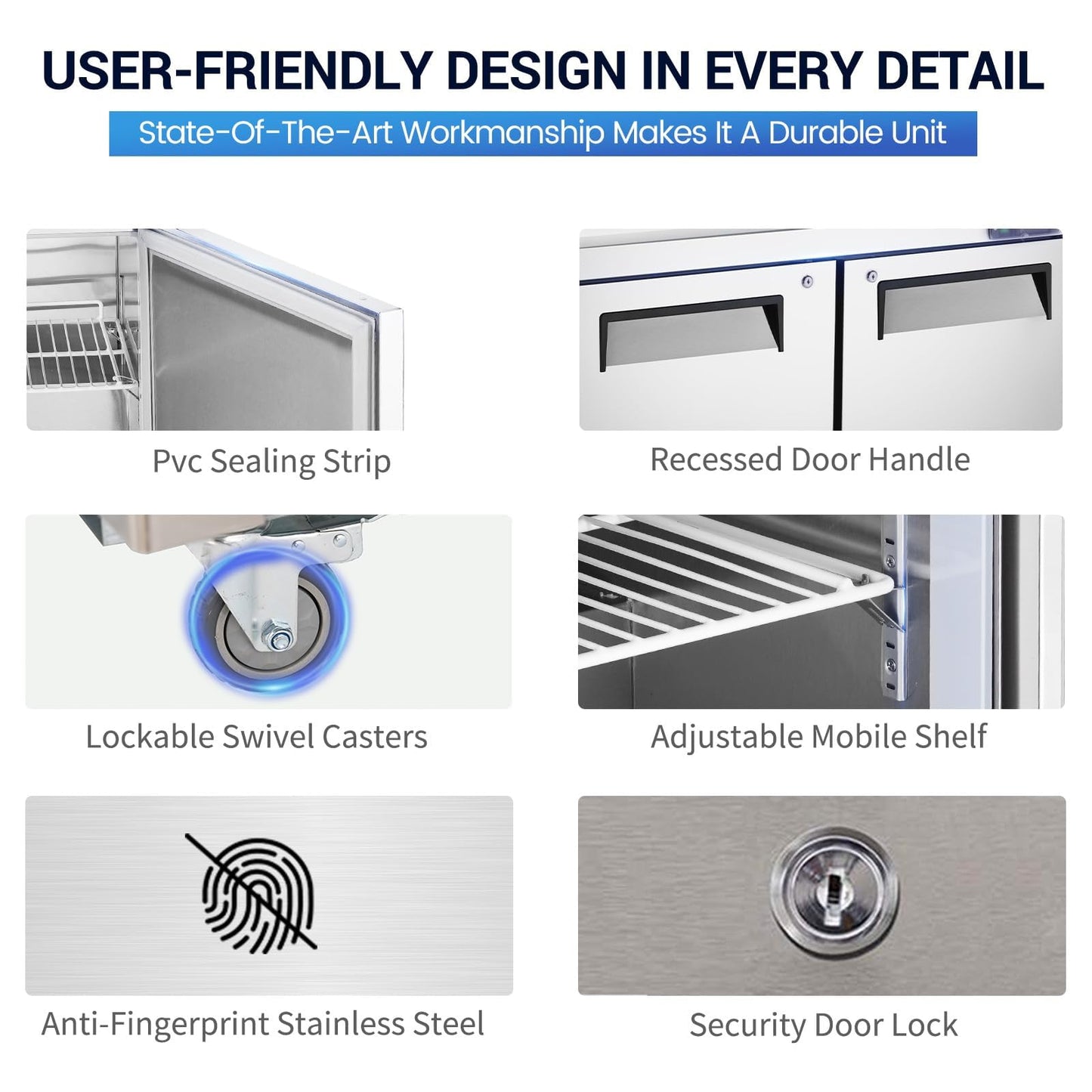 kalifon 48" W 2 Door Refrigerator Sandwich Salad Prep Table Commercial Stainless Steel Fan Cooling Refrigerator with Cutting Board, 2 Shelves & 18 Pans for Restaurant, Bar, Shop-12.9 Cu.ft
