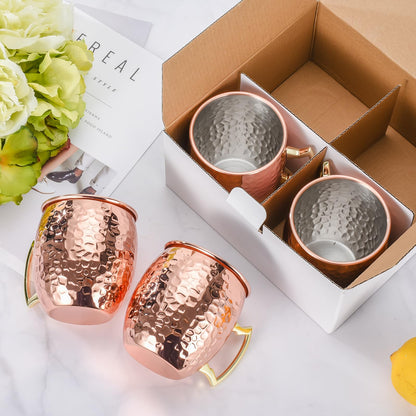 Amrules Moscow Mule Mugs Set of 4, 16 OZ Hammered Copper Cups with 304 Stainless Steel Lining and Gold Brass Handles, for Cold Drinks, Beer, Wine, Bars, Parties