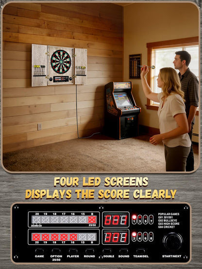 Yirinatek Electronic Dart Board, Decorative Dart Board Cabinet Set for Adults [12*Bronze Soft Tip Darts] [Cricket Game Mode] - Wooden Electric Dartboard Cabinet - Retro Case